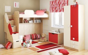Детская комната Бэрри (Бежевый/Красный/корпус Клен) в Тюмени - tyumen.katalogmebeli.com | фото