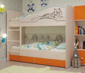 Кровать Мая-Сафари двухъярусная с ящикамиМлечный дуб/Оранжевый в Тюмени - tyumen.katalogmebeli.com | фото